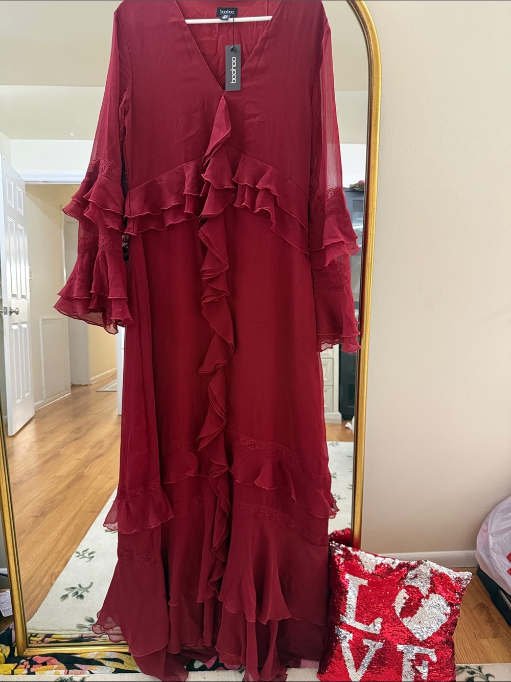 Boohoo Burgundy Ruffle Maxi Dress